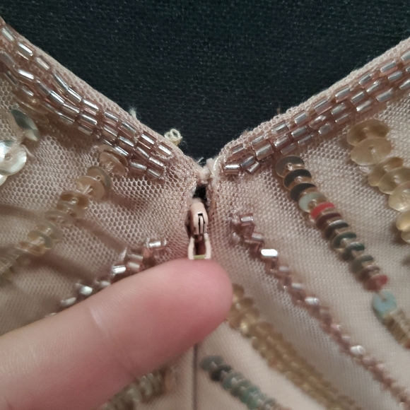 Adrianna Papell Midi Nude Sequin Beaded Evening Cocktail Prom Dress sz 6 - Picture 6 of 11
